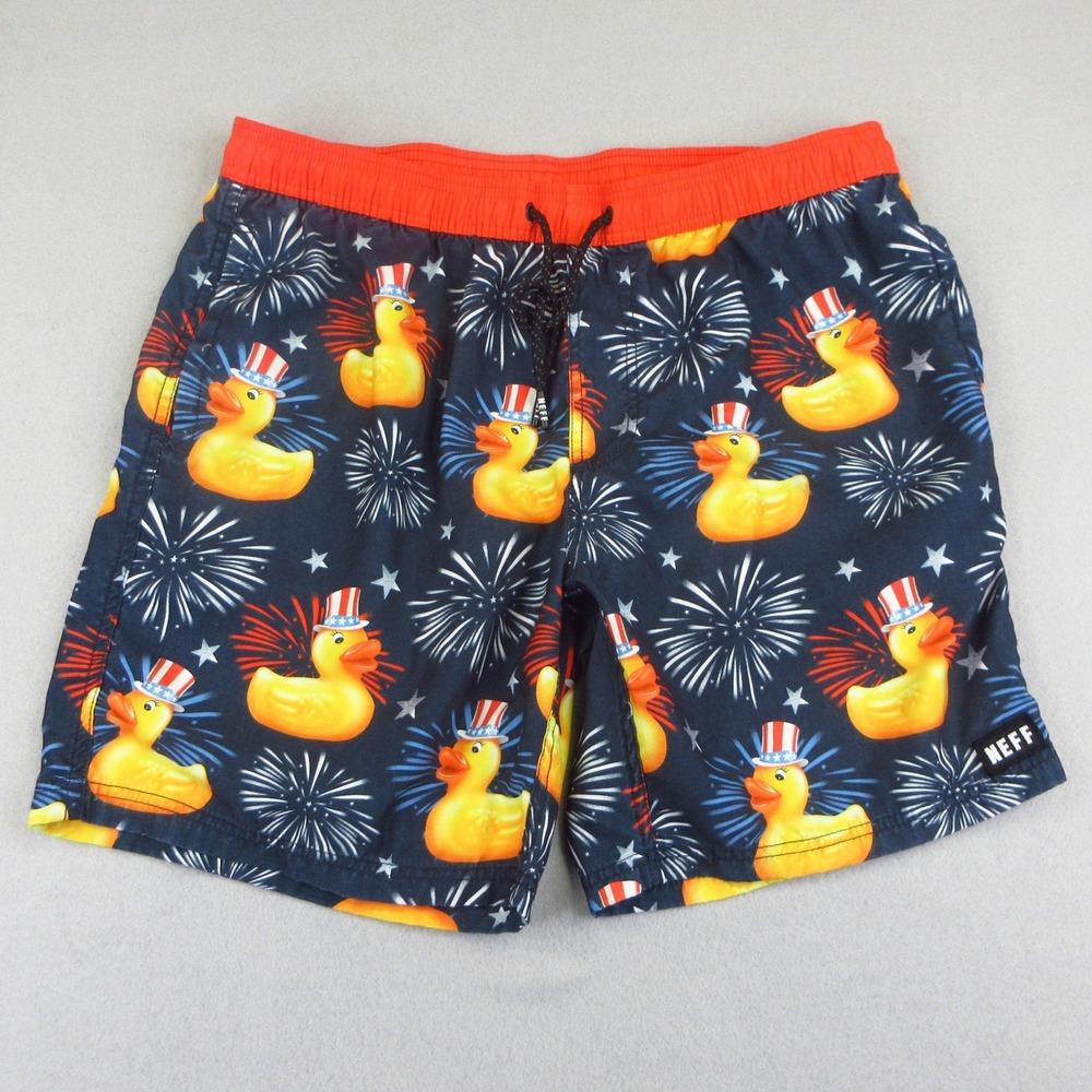 Neff Swim Shorts Men XL Navy Blue Patriotic Rubber‎ Duck Fireworks Swim Trunks